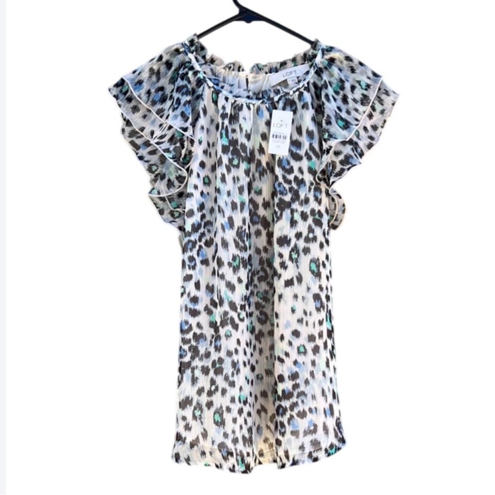 LOFT Sparkly Fluttery Sleeves Women's Leopard Print Top - Black and White XS